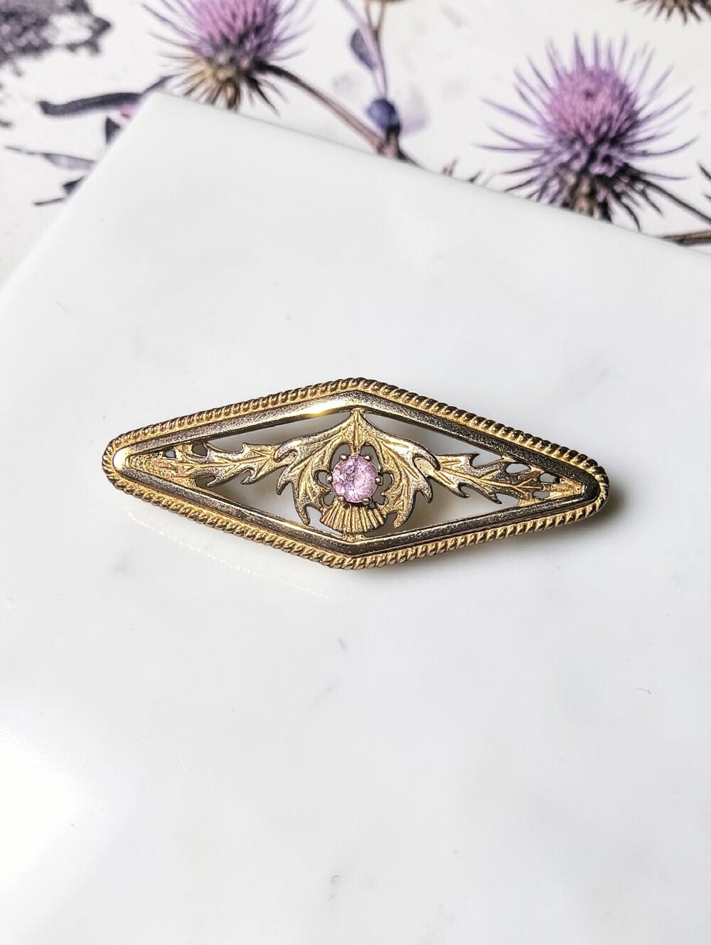 Vintage Amethyst And Sterling Silver Edinburgh Scotland Thistle Brooch